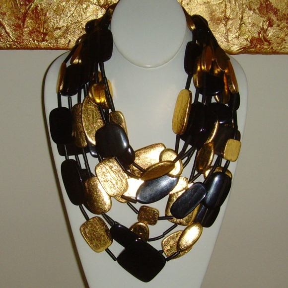MONIES Gerda Lynggard Multi-Strand Black and Gold Leaf Statement Necklace - Picture 5 of 16